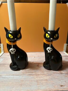 Black Ceramic Cat Candle Holders with Yellow Eyes and Skull Charms